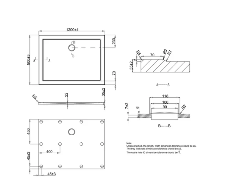 Crosswater Rectangular Shower Tray 900x1200 technical drawing - Image 2