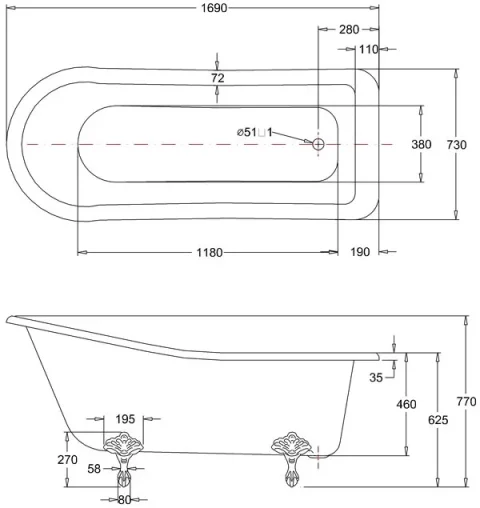 Burlington Harewood Slipper 1700 X 730mm technical drawing - Image 2
