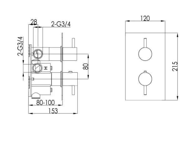 Just Taps Inox Thermostatic Concealed 2 Outlet Shower Valve technical drawing - Image 2