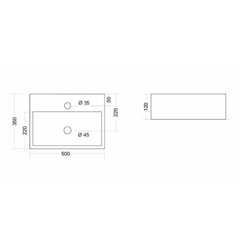 Crosswater Turin Wall Mounted Basin 500 With Overflow White technical drawing - Image 3