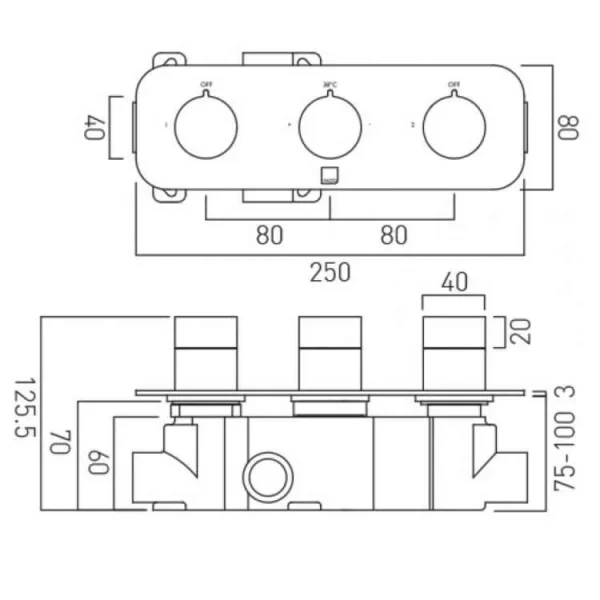 Vado Tablet Altitude 2 Outlet 3 Handle Concealed Thermostatic Valve Horizontal Chrome technical drawing - Image 5