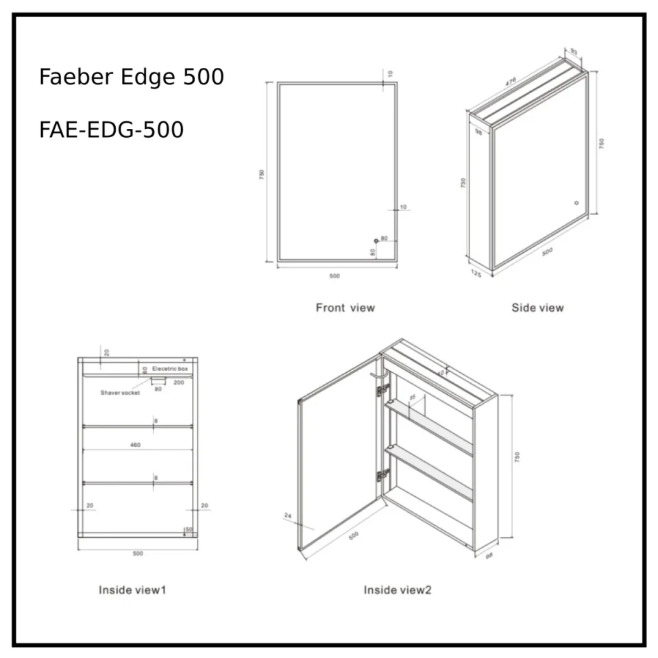 Faeber Edge 500 Led 1 Door Illuminated Mirror Cabinet (recess Compatible) technical drawing - Image 2