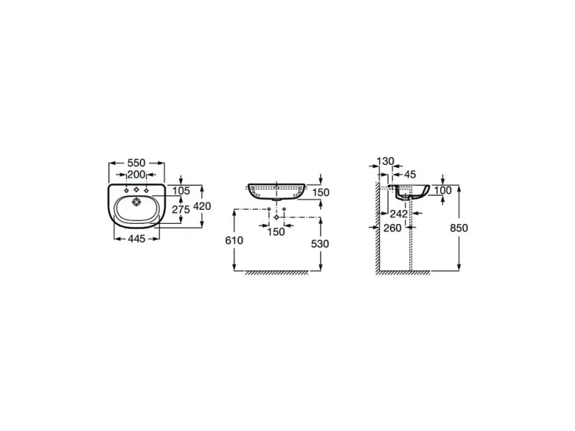 Roca Meridian-n Semi-recessed Basin 550 X 420mm - 1 Taphole technical drawing - Image 2