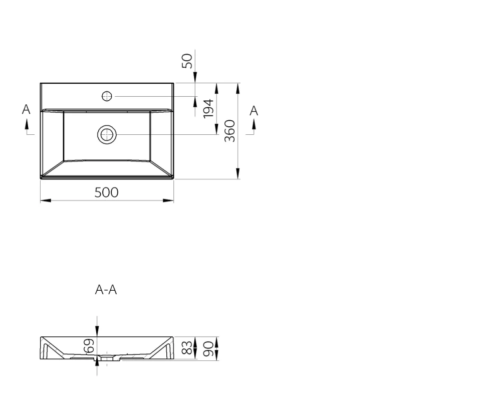 Faeber Silkstone Venice 500mm Basin Gloss technical drawing - Image 2