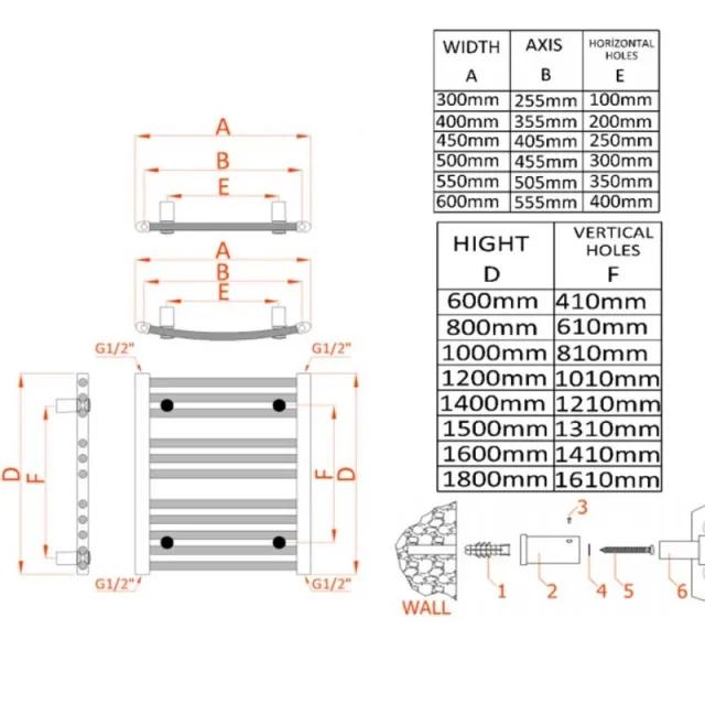 Reina Diva 400 X 1200 Towel Radiator Chrome Curved technical drawing - Image 3