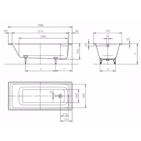 Kaldewei Puro 1700 X 750mm - No Tap Hole (model 652) (excl. Feet) technical drawing - Image 3