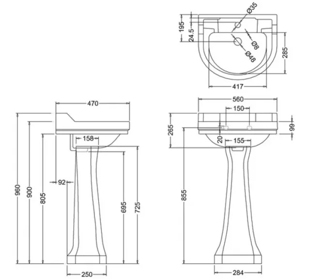 Burlington Edwardian Round Basin 56cm 1th technical drawing - Image 2