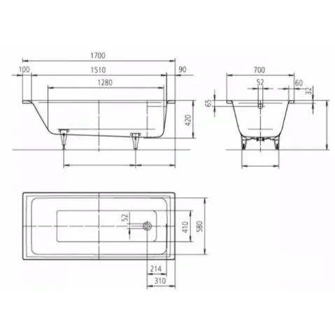 Kaldewei Puro 1700 X 700mm - No Tap Hole (model 687) (excl. Feet) technical drawing - Image 3