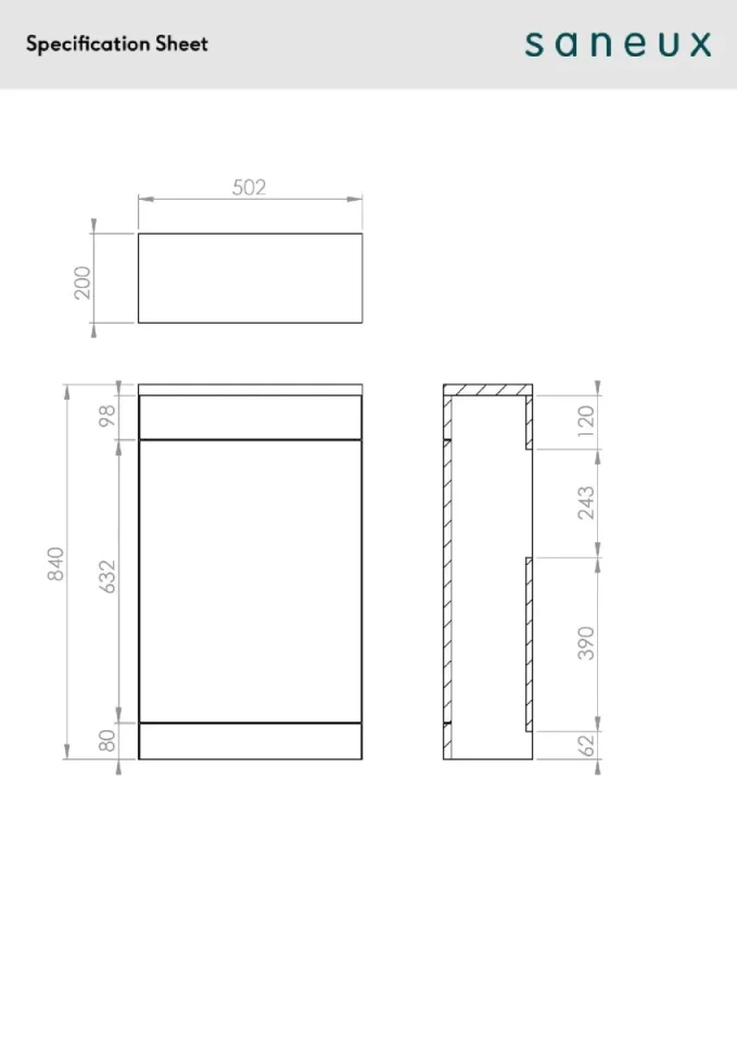 Saneux Austen 50cm Wc Unit - Matte White technical drawing - Image 2
