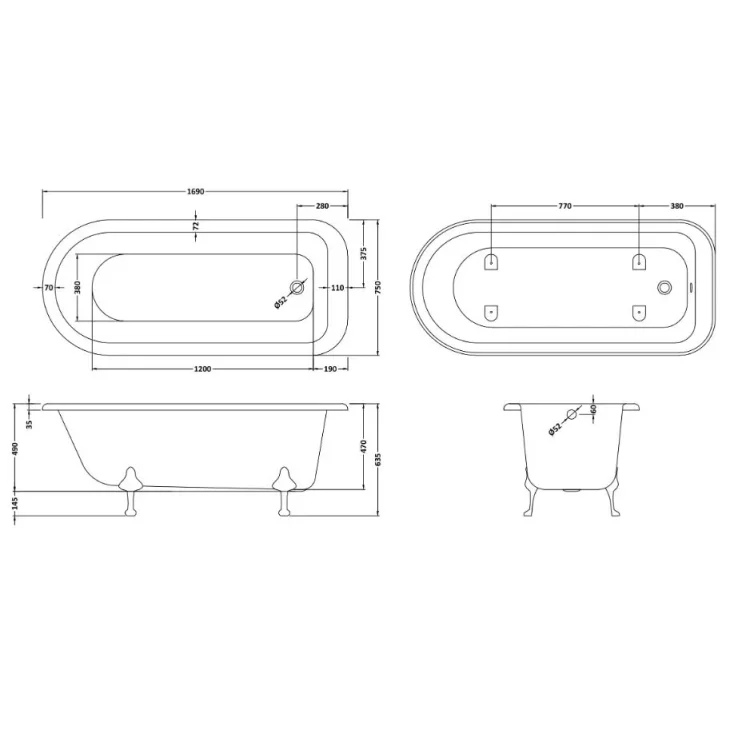 Bc Designs Mistley 1700 Bath With Feet Set 2 White detail view - Image 4