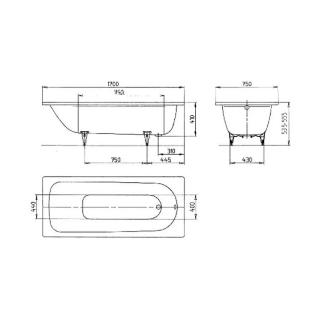 Kaldewei Saniform Plus 1700 X 750mm Bath - White - 2 Tap Hole (excl. Feet) technical drawing - Image 5