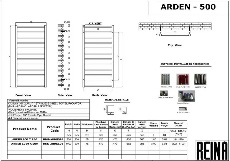 Reina Arden 500 X 1000 Polished Stainless Steel Towel Rad technical drawing - Image 4