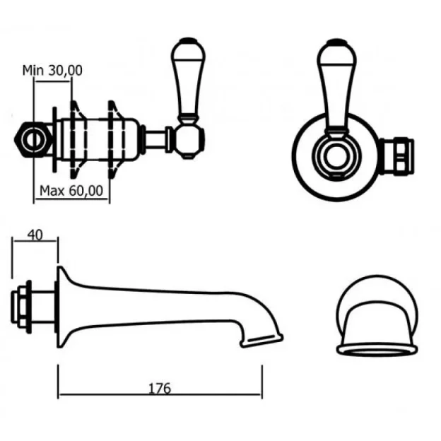 Crosswater Belgravia Lever Wall Stop Taps Chrome White Lever technical drawing - Image 4