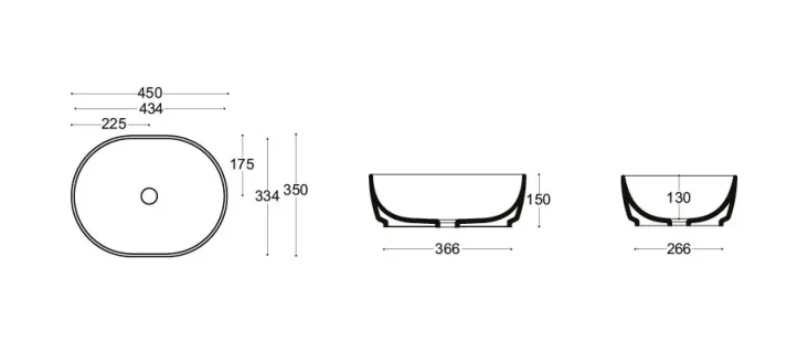 Crosswater Pearl Counter Basin 450 No Overflow White technical drawing - Image 3