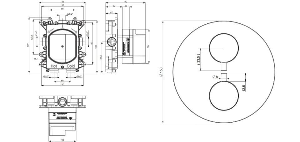 Crosswater Crossbox Mpro Industrial 2 Outlet Trim & Levers Chrome technical drawing - Image 2