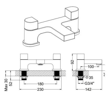 Crosswater Planet Bath Filler Dual Lever Deck Mounted Chrome technical drawing - Image 2