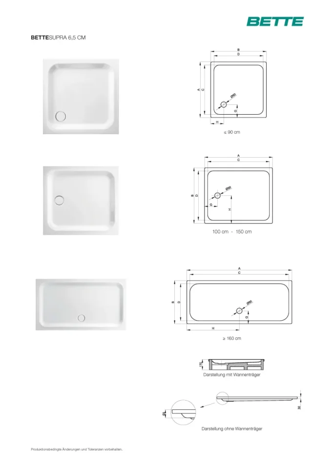 Bette Supra 1400 800 65mm White technical drawing - Image 2