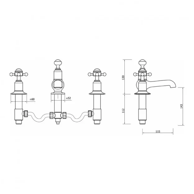 Crosswater Belgravia Crosshead 3 Tap Hole Basin Mixer Deck Mounted Chrome technical drawing - Image 4