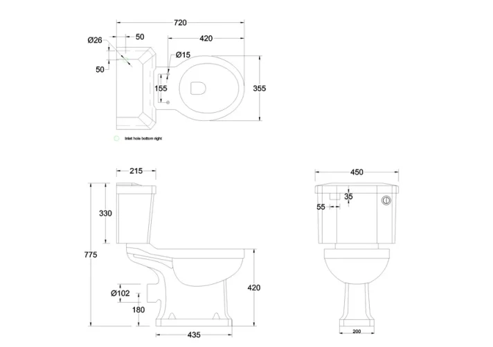 Burlington Close Coupled / Low Level Cistern 44cm Front Button (incl. Cistern Fittings) technical drawing - Image 2