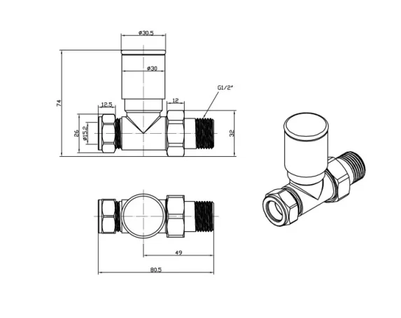 Just Taps Straight Radiator Valve Brushed Brass technical drawing - Image 2