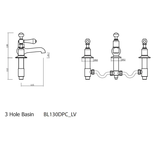 Crosswater Belgravia Lever 3 Tap Hole Basin Mixer Deck Mounted Chrome White Lever technical drawing - Image 3
