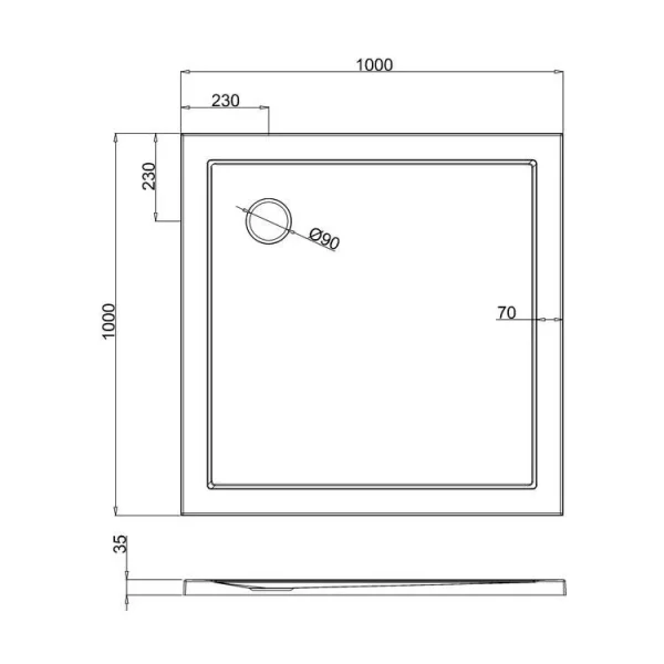 Crosswater Square 35mm Acrylic Shower Tray 1000mm technical drawing - Image 3