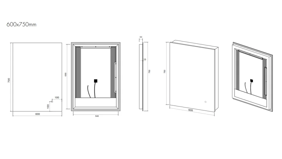 Faeber Glow 600 Steam Free LED Illuminated Mirror technical drawing - Image 2
