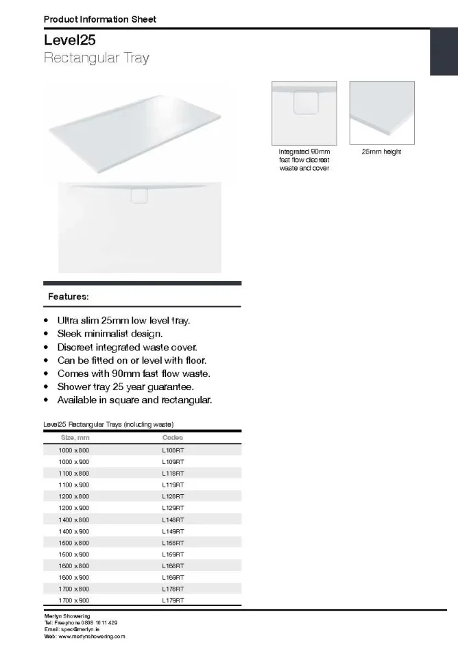 Merlyn Level 25 Rectangle Tray 1000 X 800mm technical drawing - Image 4