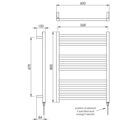 Vogue Chube Towel Radiator Electric Only - Polished Stainless Steel 800X600 technical drawing - Image 3