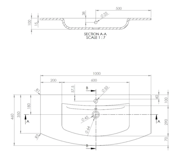 Crosswater Svelte S Basin Glass 1000 1th Ice White technical drawing - Image 3