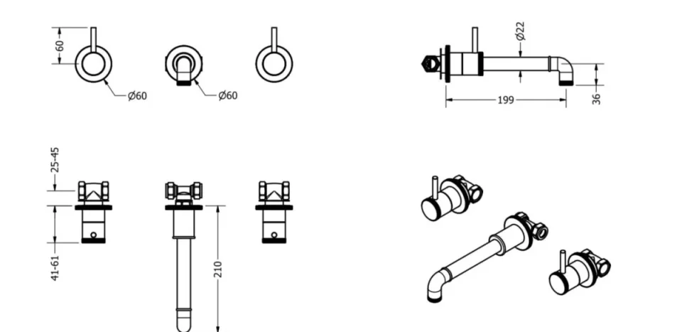 Crosswater Mpro Industrial 3 Hole Wall Mounted Basin Set Chrome technical drawing - Image 2