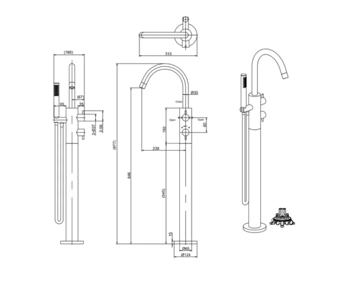 Crosswater Kai Lever Thermo Floor Standing Bath Shower Mixer & Kit Chrome technical drawing - Image 3