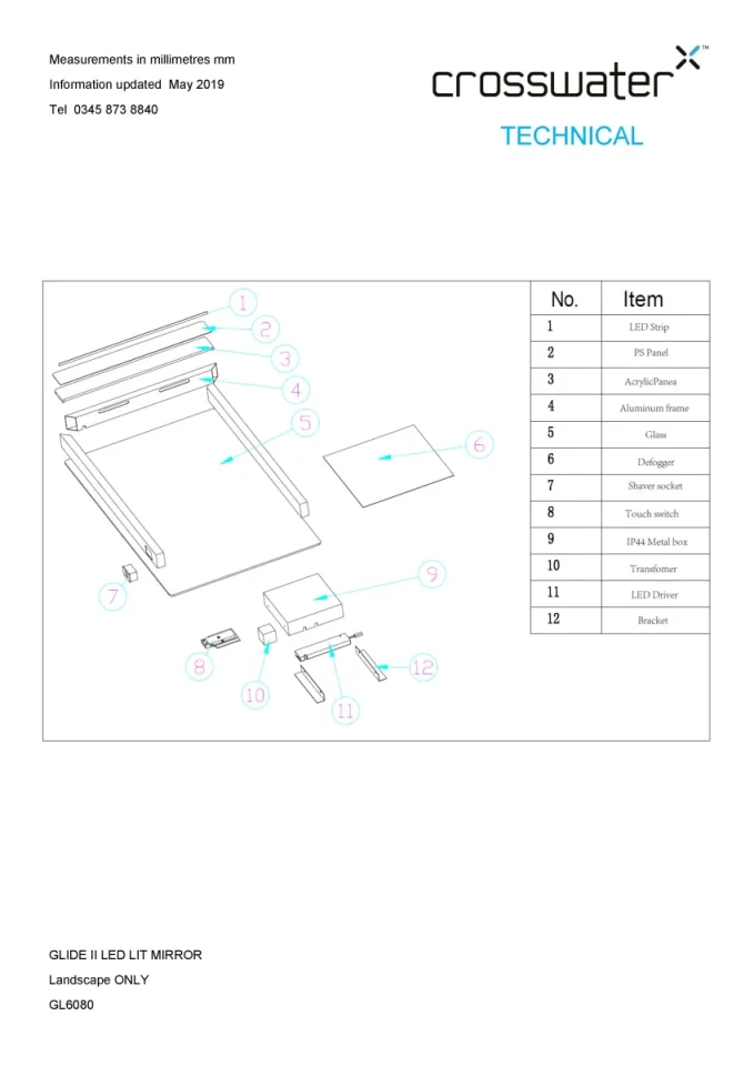 Crosswater Glide Ii Illuminated Mirror 600x800 technical drawing - Image 3