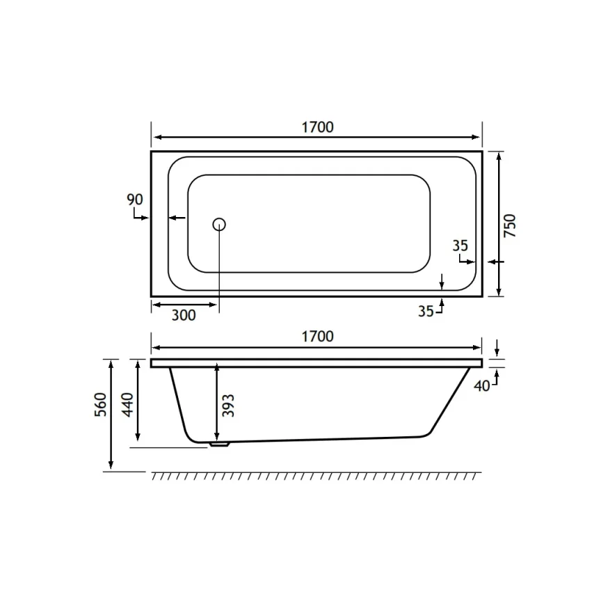 Eastbrook Malin Se 1700x750 (440) 5mm White technical drawing - Image 2
