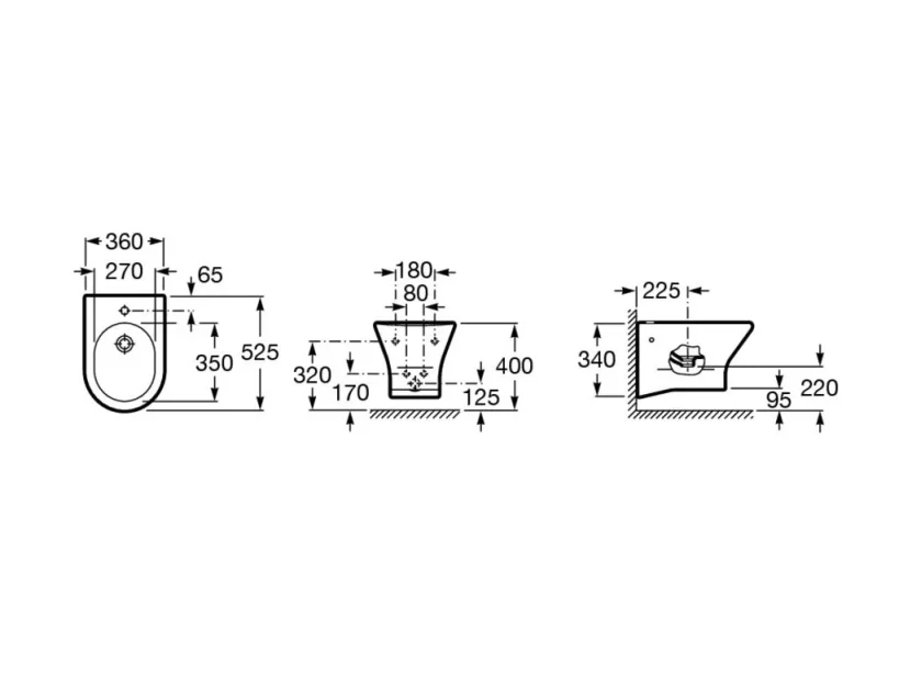 Roca Nexo Wall Hung Bidet - 1 Taphole technical drawing - Image 2