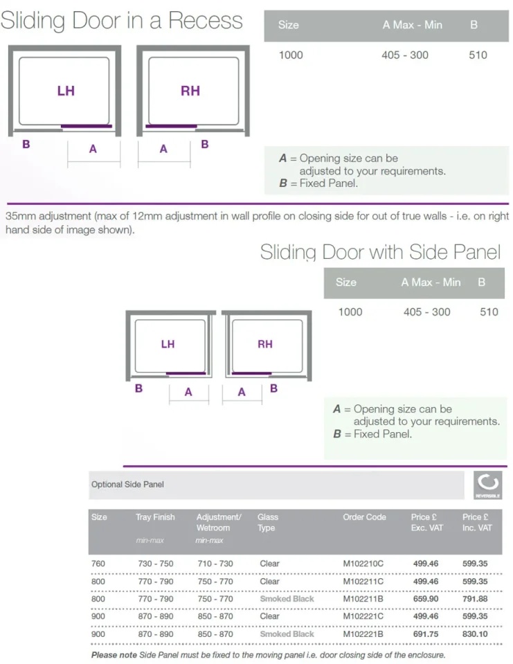 Merlyn 10 Series Sliding Door Right Hand 1000mm technical drawing - Image 2