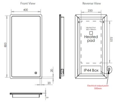 Hib Vega 40 Mirror With Chargng Socket H80 X W40 X D5.5cm technical drawing - Image 2