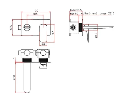 Ava Purity 2 Hole Wall Mounted Basin Mixer With Back Plate - Brushed Stainless Steel technical drawing - Image 2