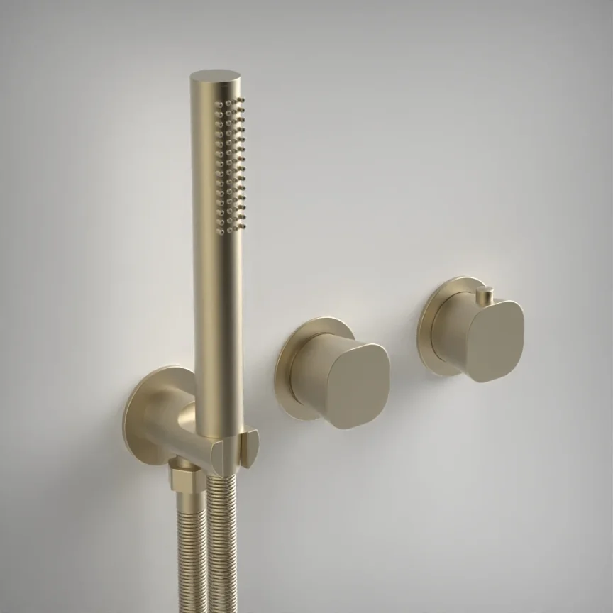 Ava Purity 2 Way 2 Handle Thermostatic Valve With Built In Hand Shower W/3 Hole Flanges - Brushed Brass product image - Image 1