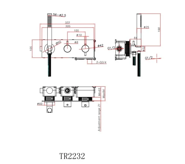 Ava Trend 2 Way 2 Handle Thermostatic Valve With Built In Hand Shower W/3 Hole Backplate - Polished Stainless Steel technical drawing - Image 3