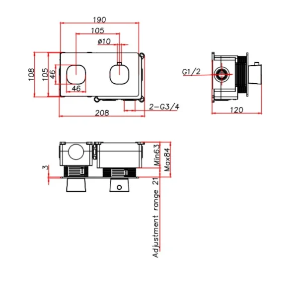 Ava Purity 1 Way 2 Handle Thermostatic Valve W/ Backplate - Polished Stainless Steel technical drawing - Image 2