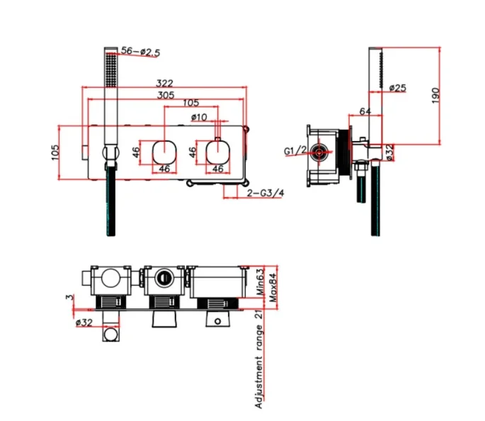 Ava Purity 2 Way 2 Handle Thermostatic Valve With Built In Hand Shower W/3 Hole Backplate - Polished Stainless Steel technical drawing - Image 2