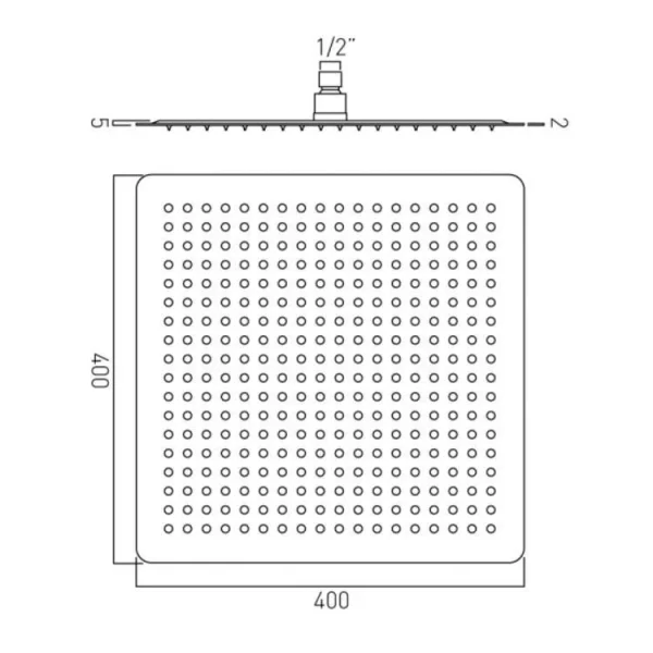 Vado Aquablade Single Function Easy Clean Slim Line Square Shower Head, 400mm (16") Chrome technical drawing - Image 3
