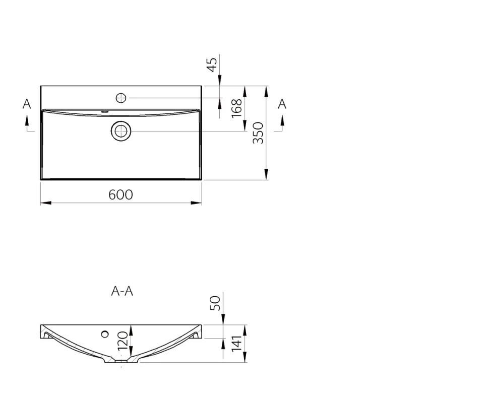 Faeber Silkstone Arc 600mm Gloss Basin technical drawing - Image 2