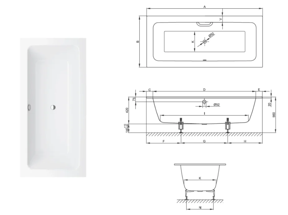 Bette One 1700 750mm White technical drawing - Image 2