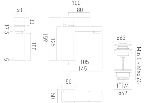 Vado Phase Mono Basin Mixer Smooth Bodied Single Lever Deck Mounted With Universal Waste And Honeycomb Flow Regulator Chrome technical drawing - Image 3
