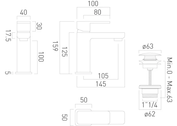 Vado Phase Mono Basin Mixer Smooth Bodied Single Lever Deck Mounted With Universal Waste And Honeycomb Flow Regulator Chrome technical drawing - Image 3