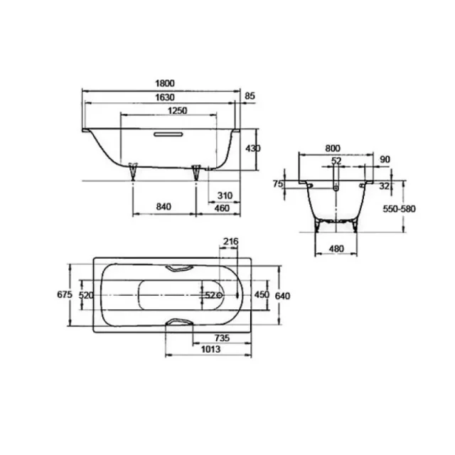 Kaldewei Saniform Plus 1800 X 800mm Bath - White - No Tap Hole (excl. Feet) technical drawing - Image 5