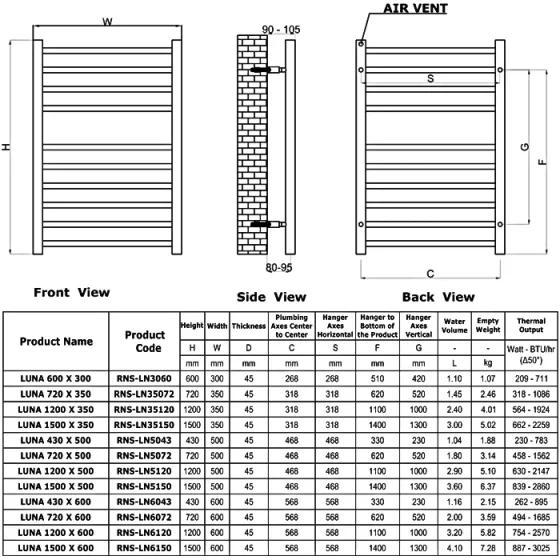 Reina Luna 350 X 1200 Flat Stainless Steel Towel Rail technical drawing - Image 6
