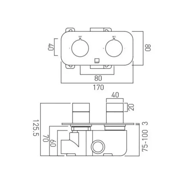 Vado Tablet Altitude 2 Outlet 2 Handle Concealed Thermostatic Valve Horizontal Chrome technical drawing - Image 4